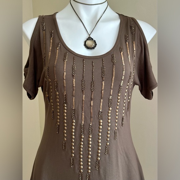 Charming Charlie NWT Olive Green Open Sleeves For Shoulders  Gold beading SZ S - Picture 2 of 12